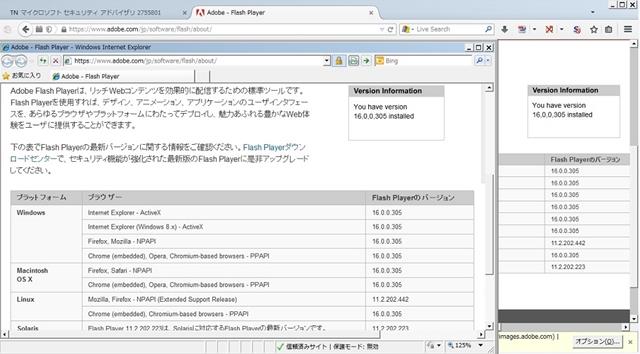 Adobe Flash Player 16.0.0.305 のテスト。